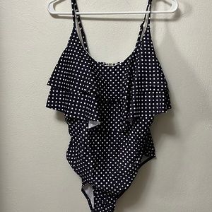 Polka dot one piece with ruffles on chest Sz 2XL. Color: Navy-ish